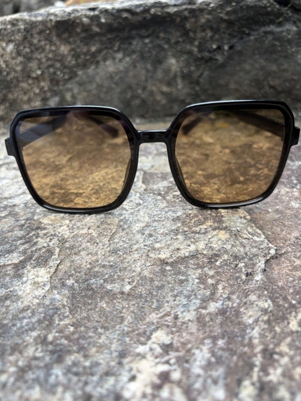 70s Style Oversized Square Black Sunglasses Warm Brown Tinted Lens Festival Boho